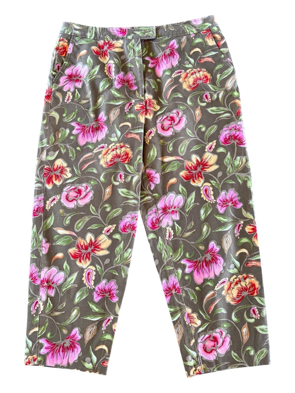 Talbots Sz 16 Cropped Comfort Stretch Capri Pants Floral Green Pink Cottagecore
